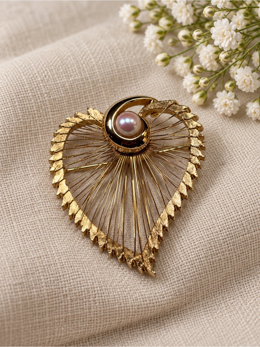 Marcel Boucher Vintage 1960 Gold Plated Wire Work Heart Brooch